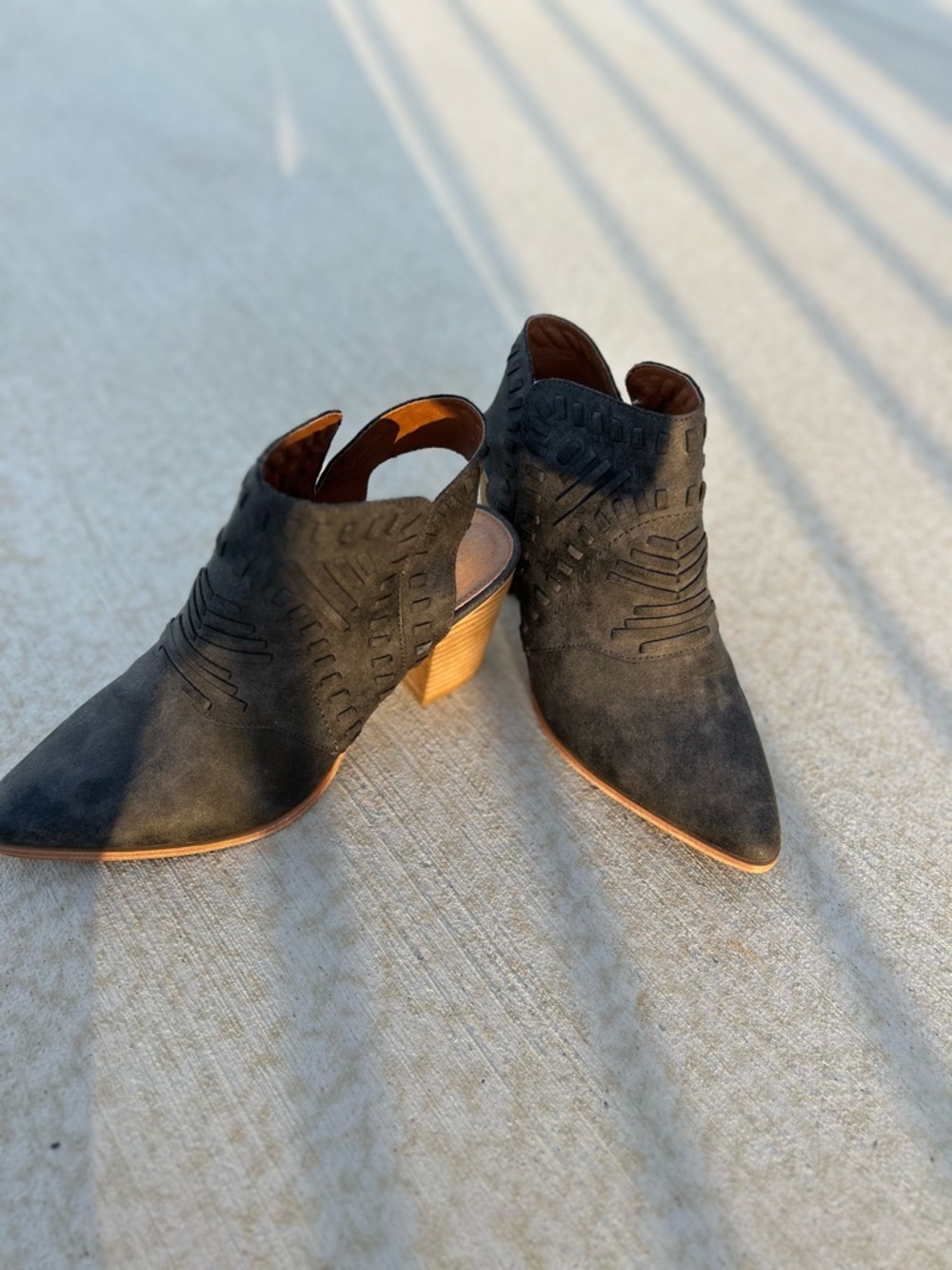 Pointed Black Suede Cutout Mule Booties with Wood-Look Block Heel